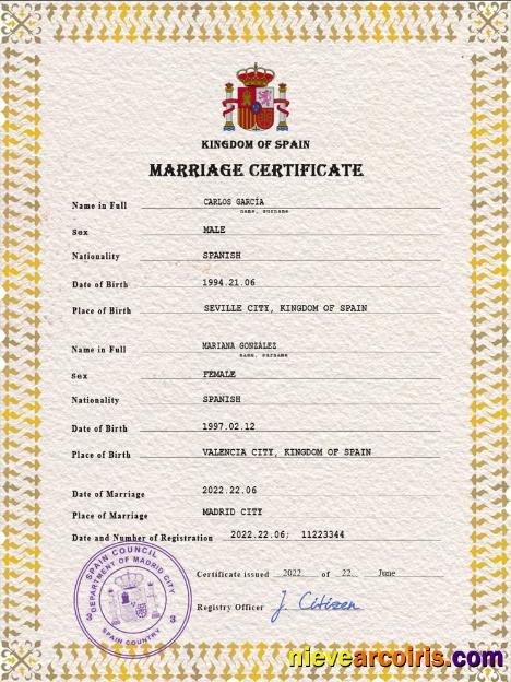 Spain marriage certificate